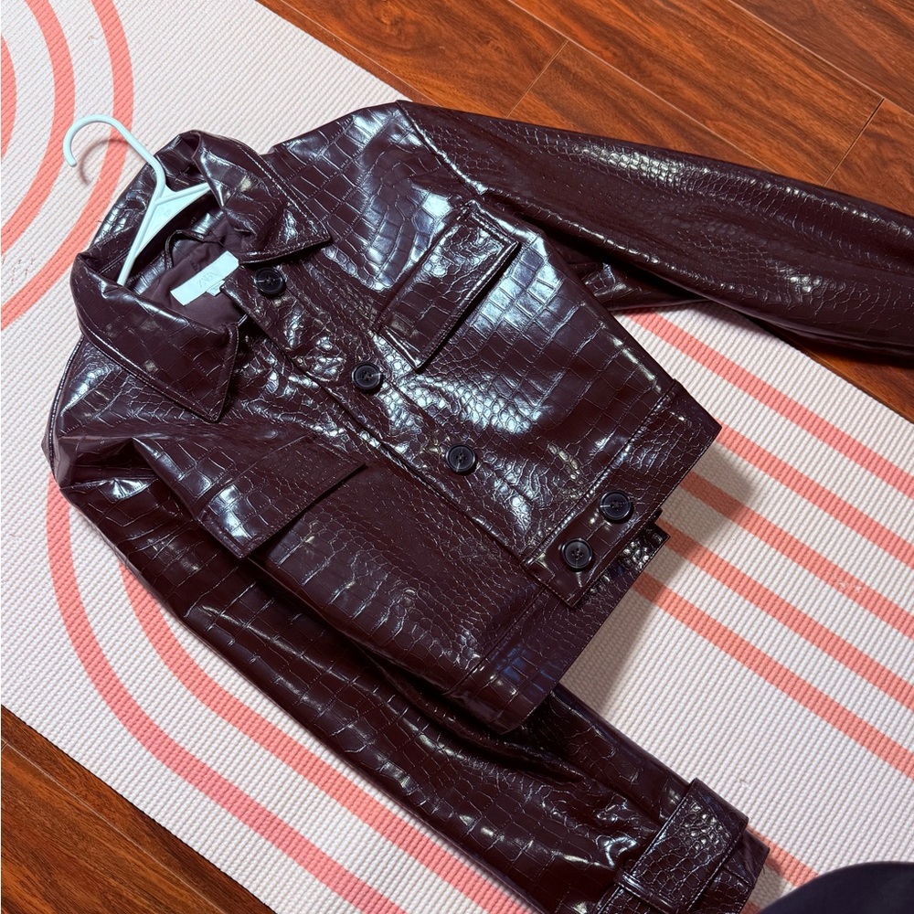Zara Cropped Patent Leather Jacket - Dark Brown - Picture 9 of 12